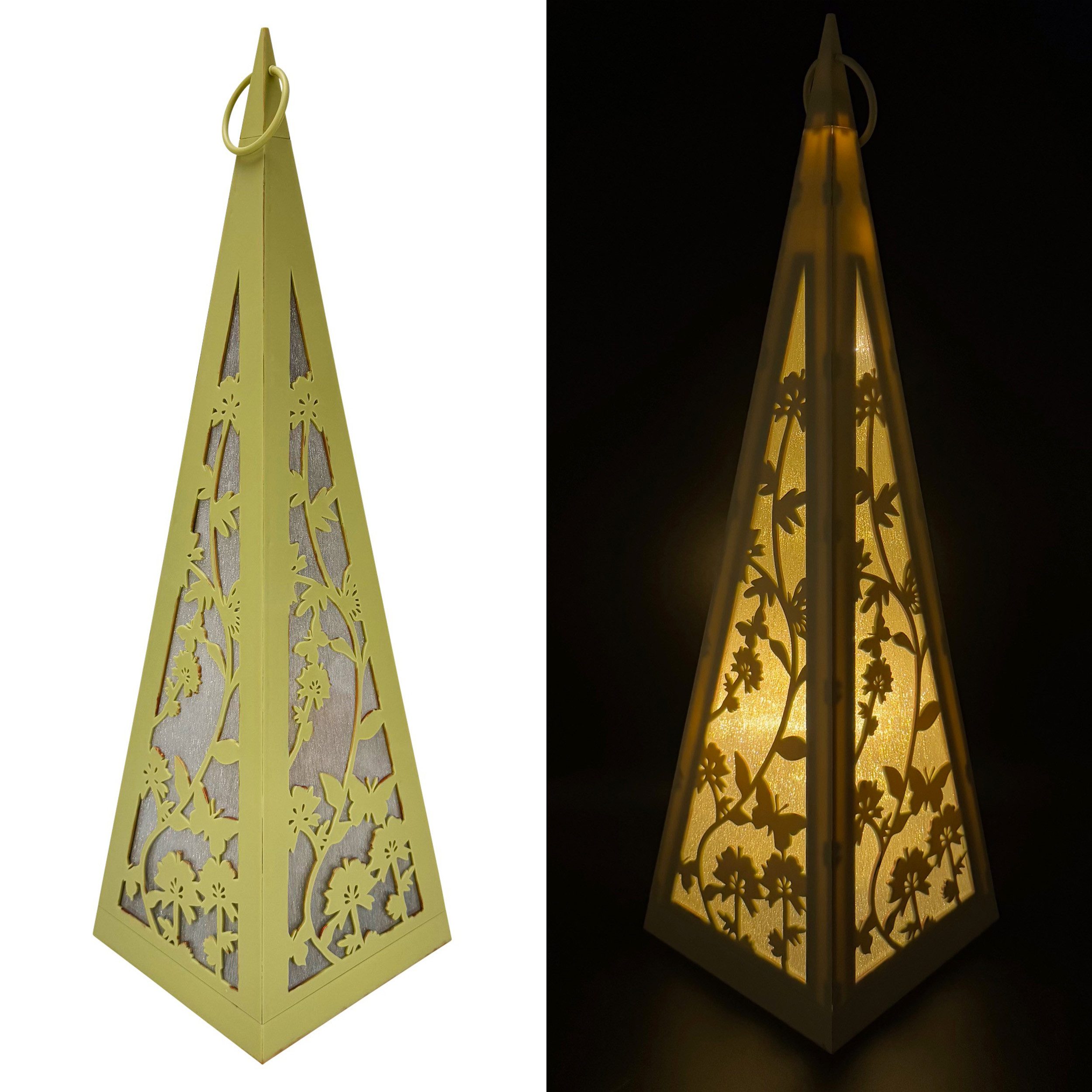 Online-Fuchs LED Laterne Pyramide mit Schmetterlingen & Blumen für draußen - Outdoor, LED-Lichterkette mit Dauerleuchten oder Funkeleffekt, 30 warmweiße LED´s, inklusive 6-Stunden Timer - Gartendeko