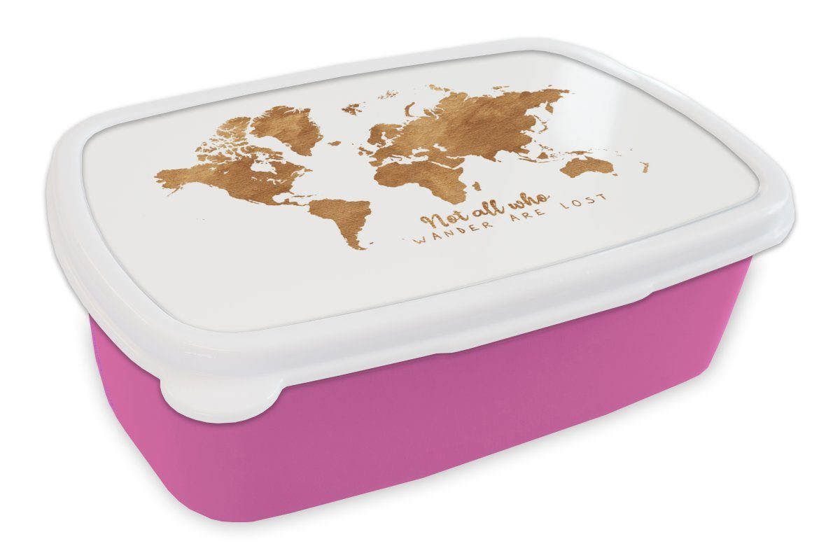 MuchoWow Lunchbox Weltkarte - Bronze - Seil, Kunststoff, (2-tlg), Brotbox für Erwachsene, Brotdose Kinder, Snackbox, Mädchen, Kunststoff rosa