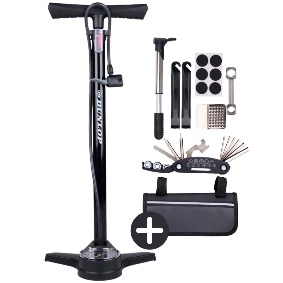Dunlop Fahrradpumpe Dunlop Fahrradpumpe mit Manometer und Fahrrad Reparaturset