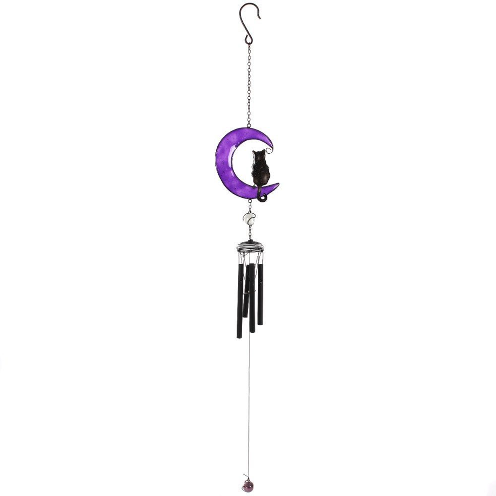 Figuren Shop GmbH Windspiel Windspiel - Schwarze Katze auf lila Sichelmond - Fantasy Dekoration
