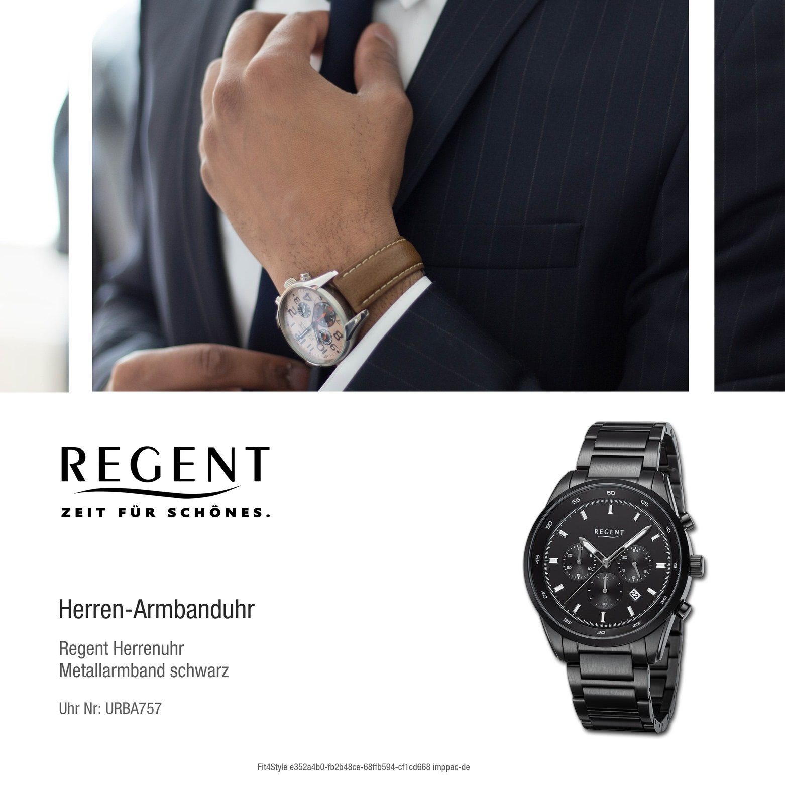 Regent Quarzuhr Regent Herren Analog, rundes Metallarmband Armbanduhr extra schwarz, (ca. Gehäuse, groß Herrenuhr 44mm)