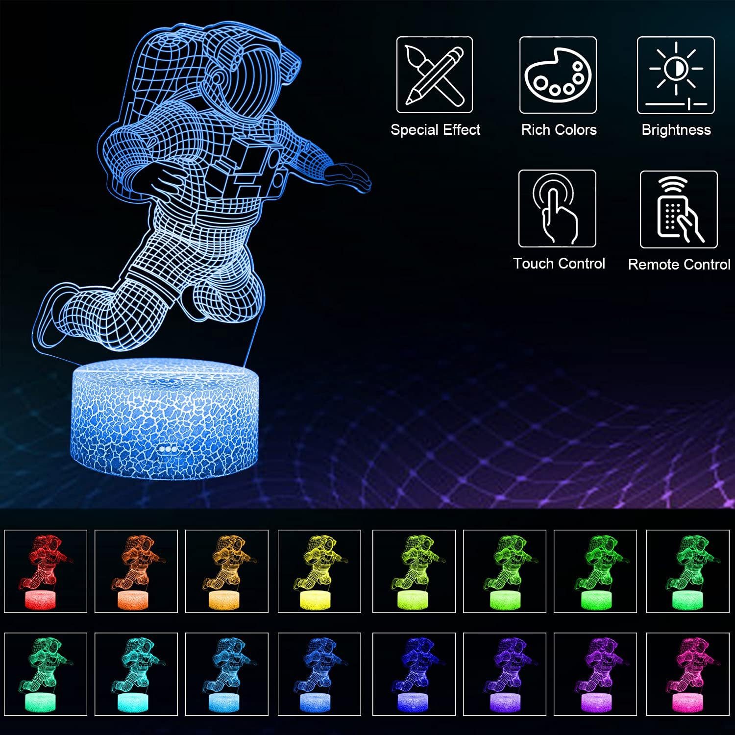 Dreamy Cubby Nachtlicht 3D Nachtlicht Astronaut LED Lampe mit Fernbedienung 16 Farben, LED, energiesparend, langlebig mit bis zu 100.000 Stunden Lebensdauer., Bunt, 3D Effekt Nachtlicht mit Farbwechsel und Fernbedienung LED
