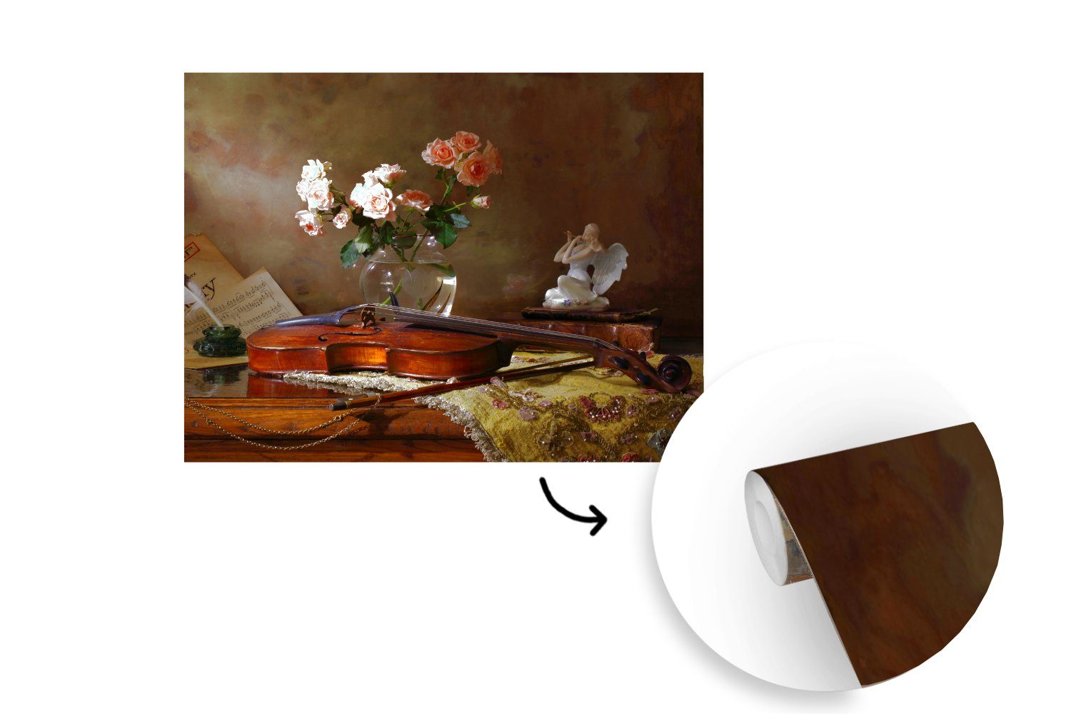 MuchoWow Fototapete Violine - für bedruckt, Tapete Rosen Wohnzimmer, - Matt, - Stilleben, Wandtapete Vinyl (5 Blumen - Montagefertig Rosa St)