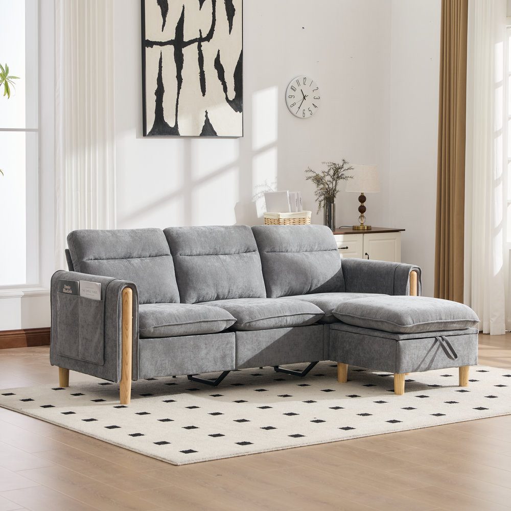 Odikalo Ecksofa Loungesofa Wohnlandschaft U-Form Sofa-Set mit Hockern & Stauraum, Dreisitzige Sofagarnitur im nordischen Stil mit Seitentaschen und Tischbeinen aus Holz, L-förmiges Stoffsofa ideal für Wohnzimmer und kleine Räume