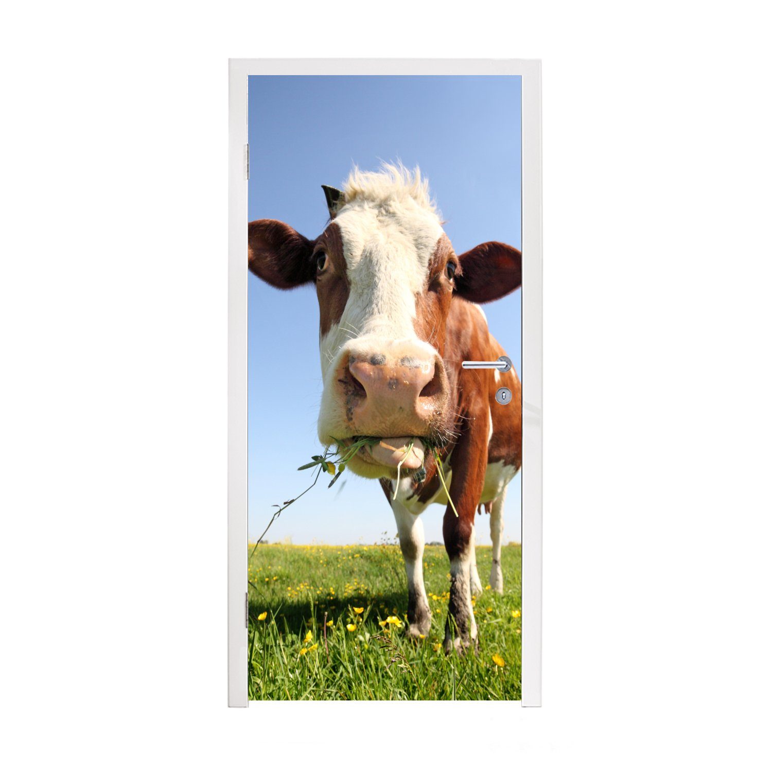 MuchoWow Türtapete Kuh - Tiere - Blumen - Gras, Matt, bedruckt, (1 St), Fototapete für Tür, Türaufkleber, 75x205 cm | Türtapeten