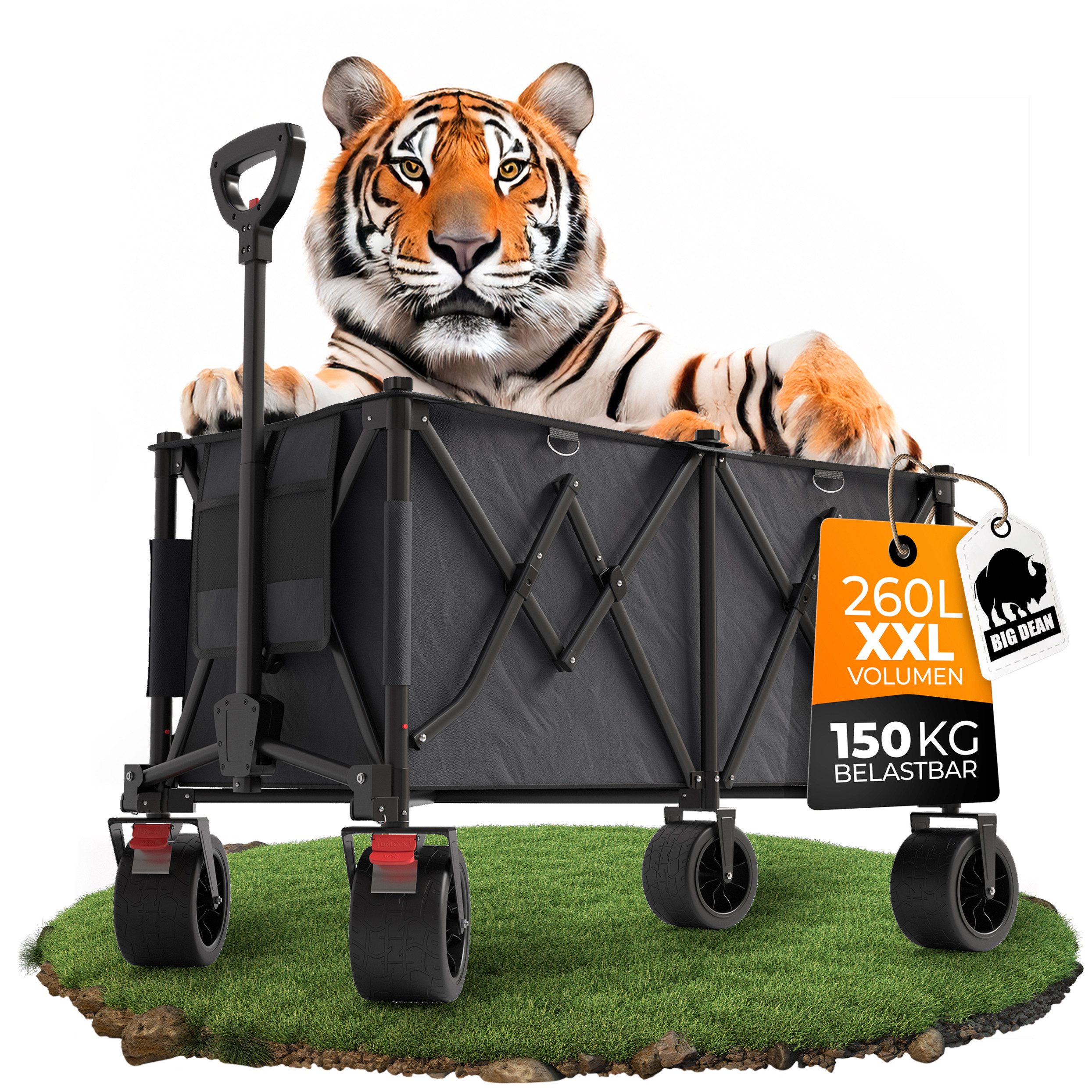 BigDean Bollerwagen XXL Transportwagen faltbar 260L 150kg belastbar - robust (1-tlg., Packung), 4-wege-Faltsystem, All-Terrain-Räder, Feststellbremse