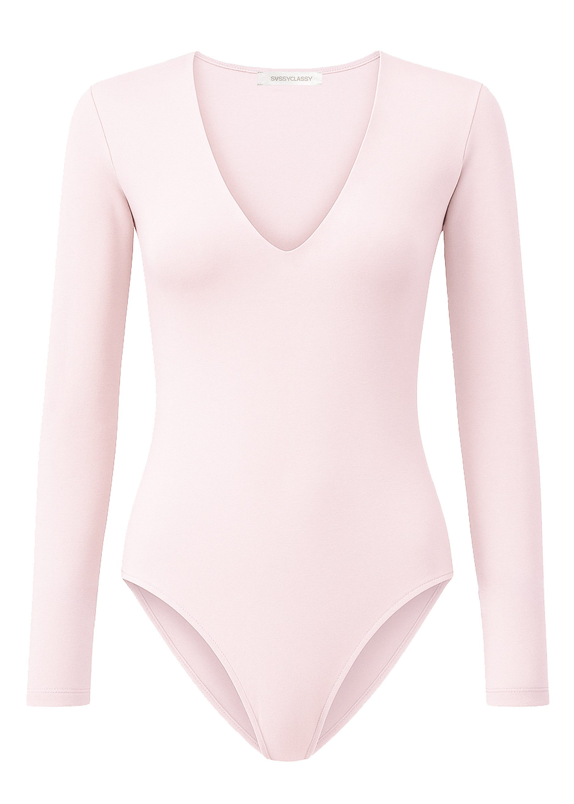 SASSYCLASSY Body Langarm Body mit V-Ausschnitt für Damen Moderner Body in figurbetonter Passform Rosa Schwarz Weiß Beige
