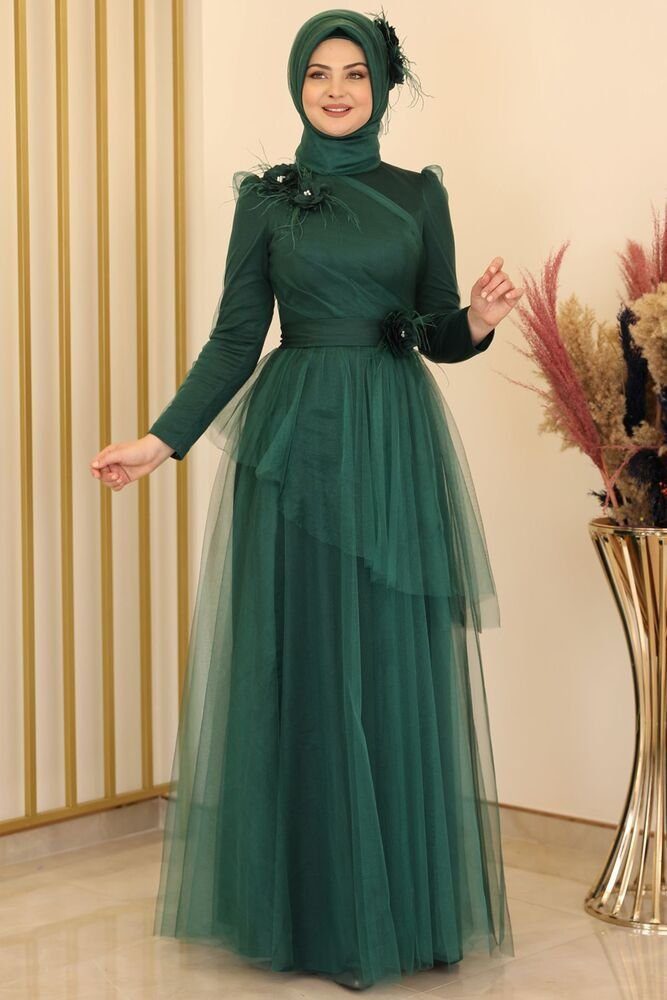 Modavitrini Tüllkleid Damen Abendkleid Abiye Abaya Hijab Kleid Maxikleid (CICEK) mit Blumendetails