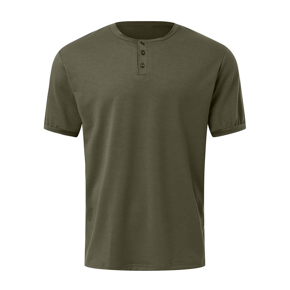 Hemden Sportshirits Sommer Shirt Tops Lapastyle Kurzarm Basic Herren T-Shirts Oberteile Knopf Henleyshirt Rundhals Militärgrün Einfarbig Slim-Fit
