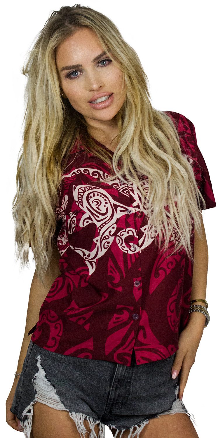 King Kameha Hawaiihemd Maori Chest Funky Hawaiibluse Damen Kurzarm Front-Tasche Stylish