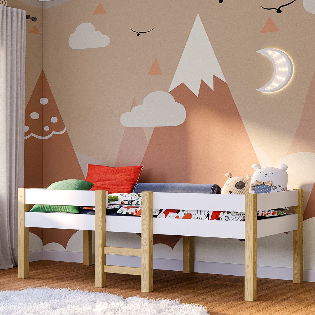 Bellabino Hochbett Aspy mit Rausfallschutz und Lattenrost 90x200 cm (natur / weiß, optional mit Matratze) verfügbar in verschiedenen Ausführungen