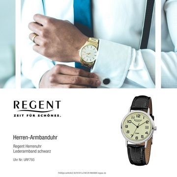 Regent Quarzuhr Regent Herren-Armbanduhr schwarz Analog, Herren Armbanduhr rund, mittel (ca. 34mm), Lederarmband