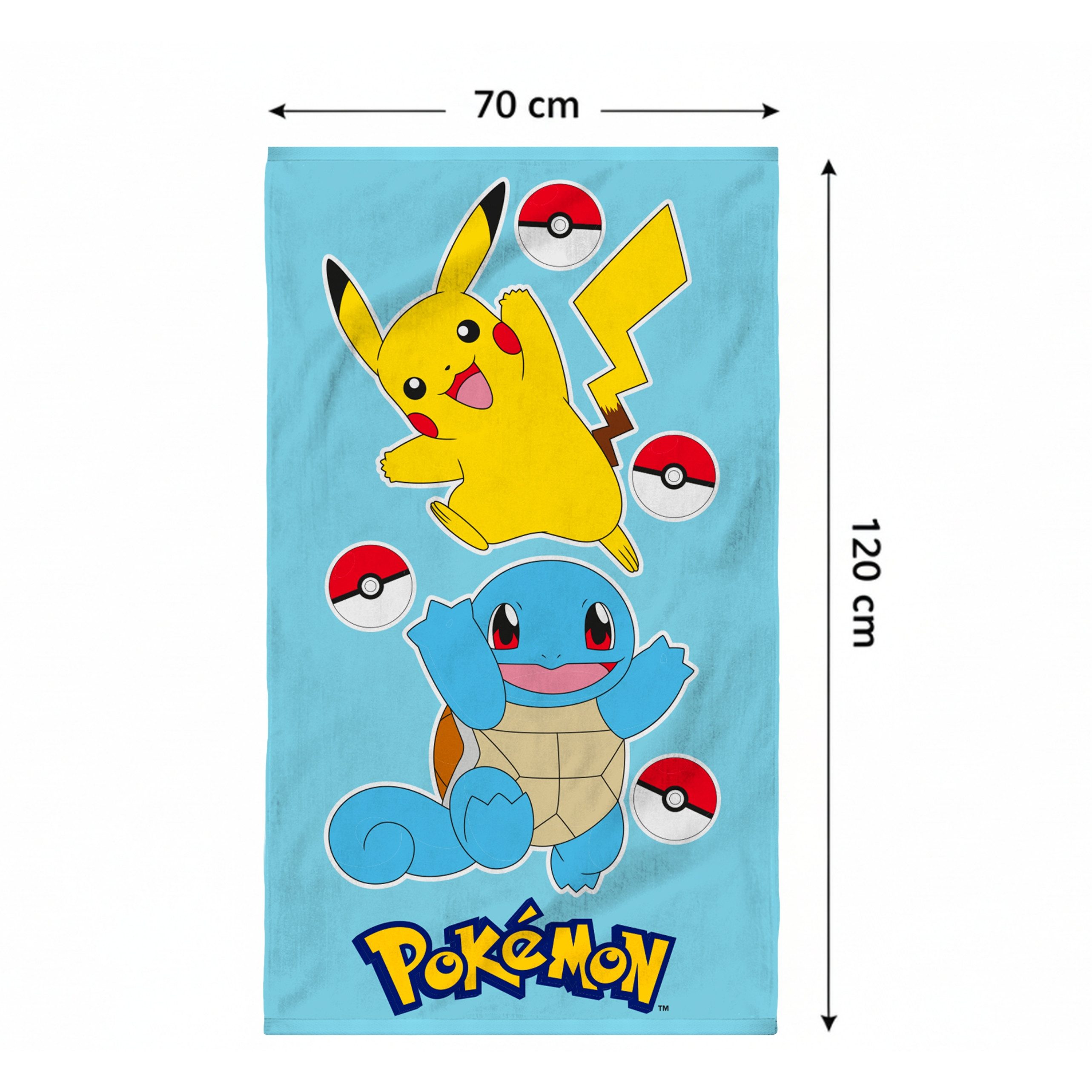MTOnlinehandel Badetuch Pokémon 70x120 cm mit Pikachu & Schiggy, 100% Baumwolle (1-St), weich, saugstark & perfekt für kleine Pokémon-Fans