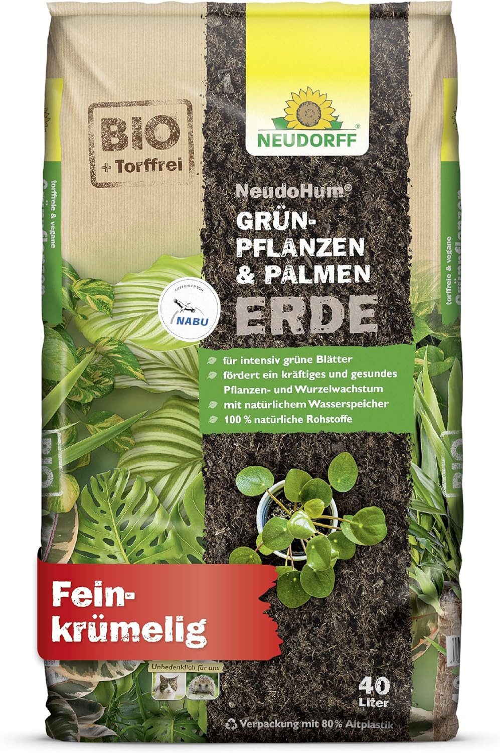 Neudorff Blumenerde Neudorff NeudoHum Grünpflanzen- & PalmenErde 40 L, Torffreie Bio-Erde aus nachwachsenden Rohstoffen