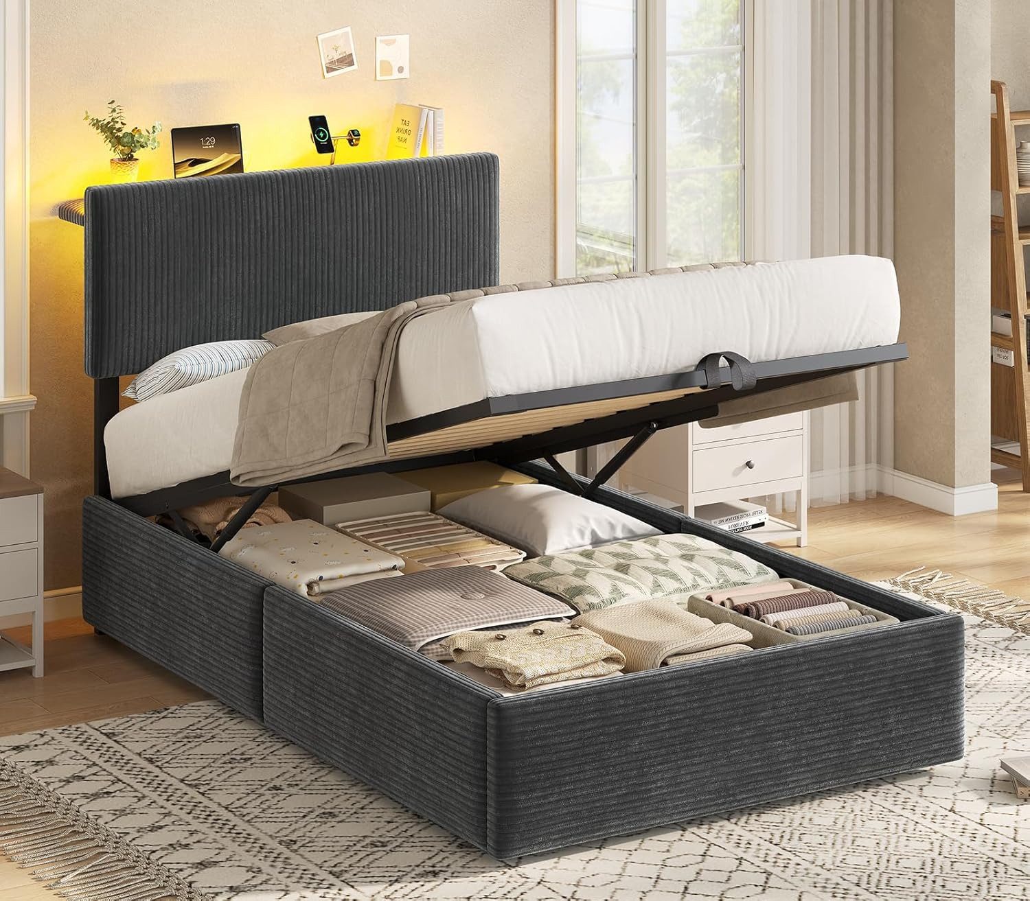 KIMENICH Polsterbett mit hydraulischem Stauraum, RGB-LED & USB-C Ladestation (Ohne Matratze), Einzelbett Funktionsbett mit höhenverstellbarem Kopfteil, 90x190cm