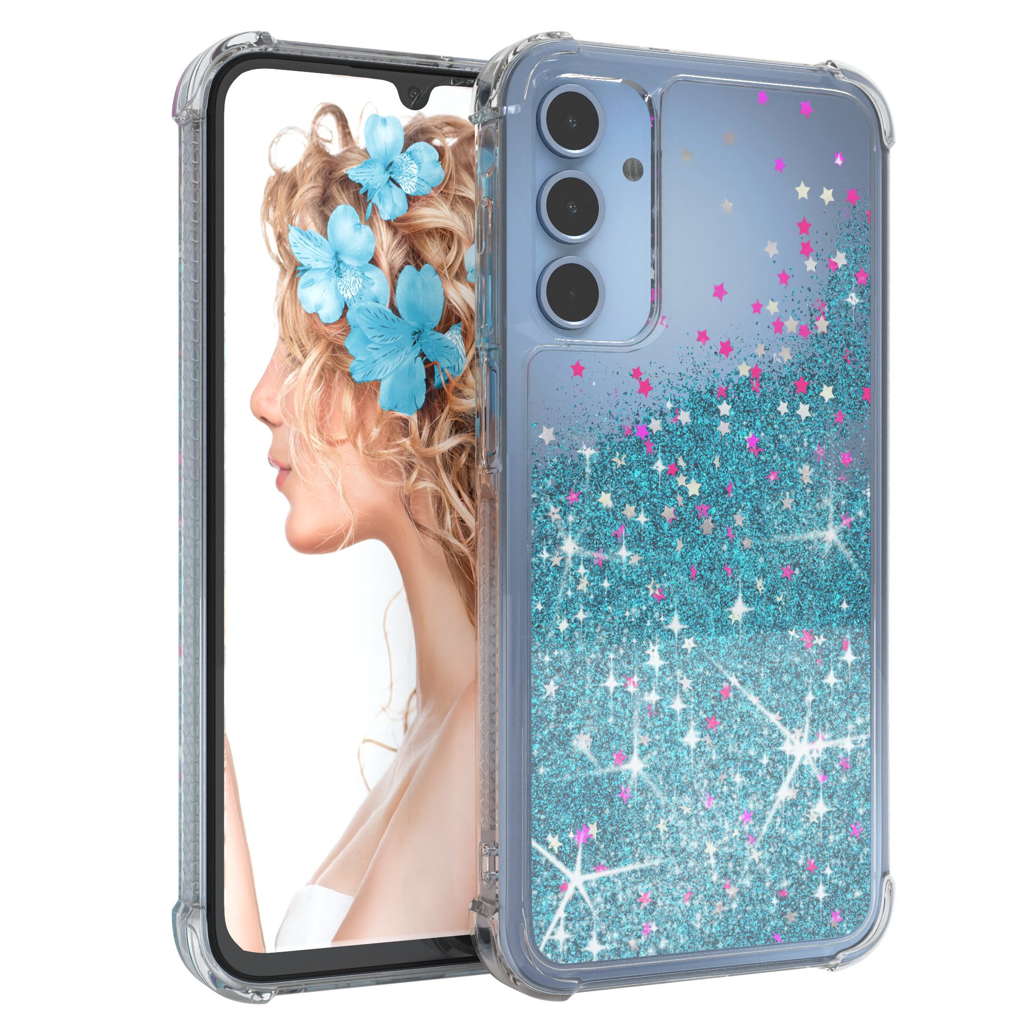 EAZY CASE Handyhülle Liquid Glittery Case für Samsung Galaxy A15 6,5 Zoll, Gloss Slimcover Girly Backcover Bling Phone Case kratzfeste Cover Blau