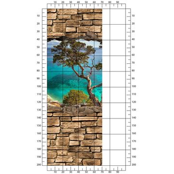 wandmotiv24 Türtapete 3D Alter Baum auf einer Klippe - Steinmauer, glatt, Fototapete, Wandtapete, Motivtapete, matt, selbstklebende Dekorfolie