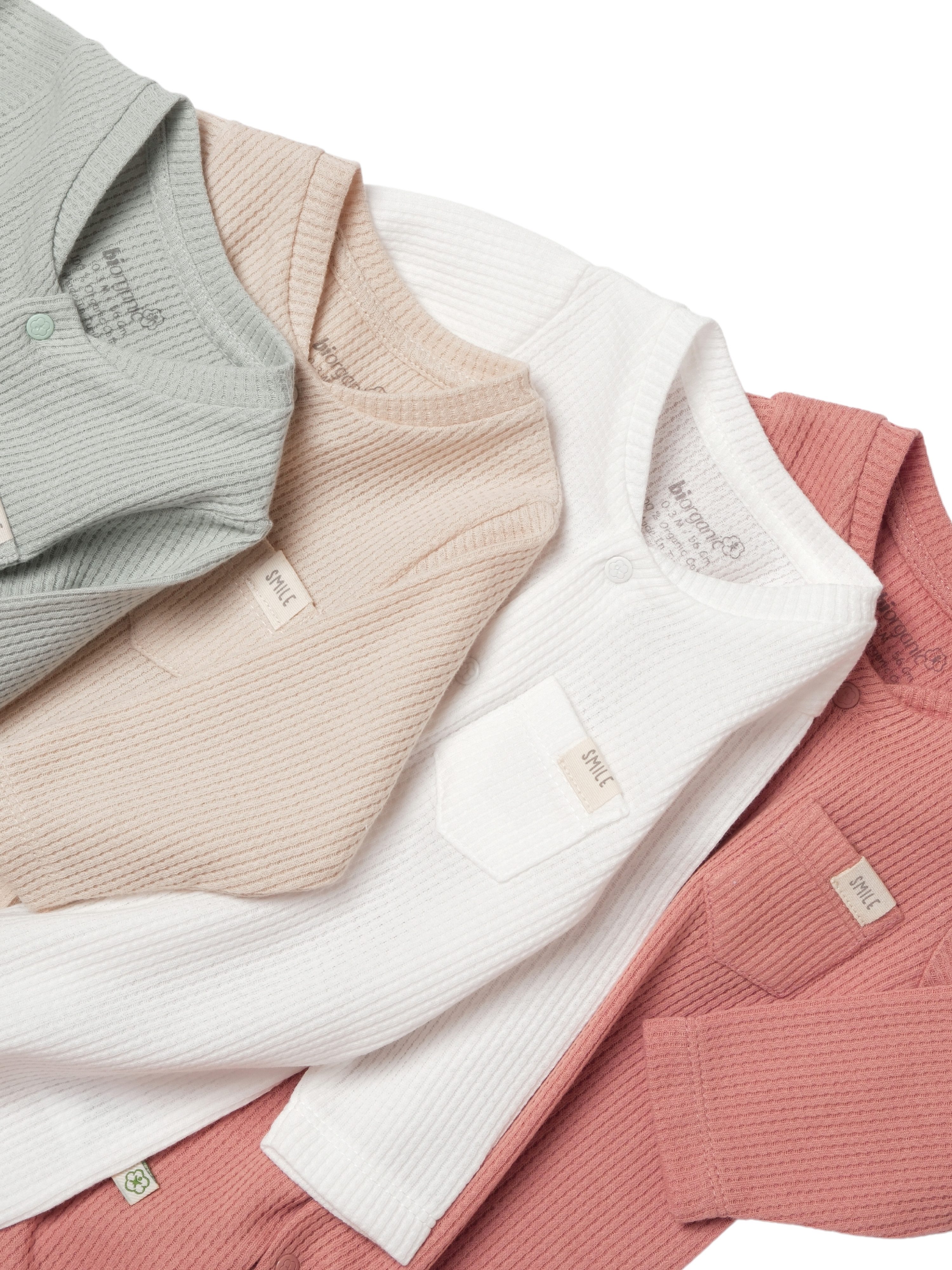 biorganic Strampler Baby Waffle Smile mit Fuß für Jungen und Mädchen Unisex Langarm (1-tlg) geknöpft, 100% Bio-Baumwolle, Waffelstruktur