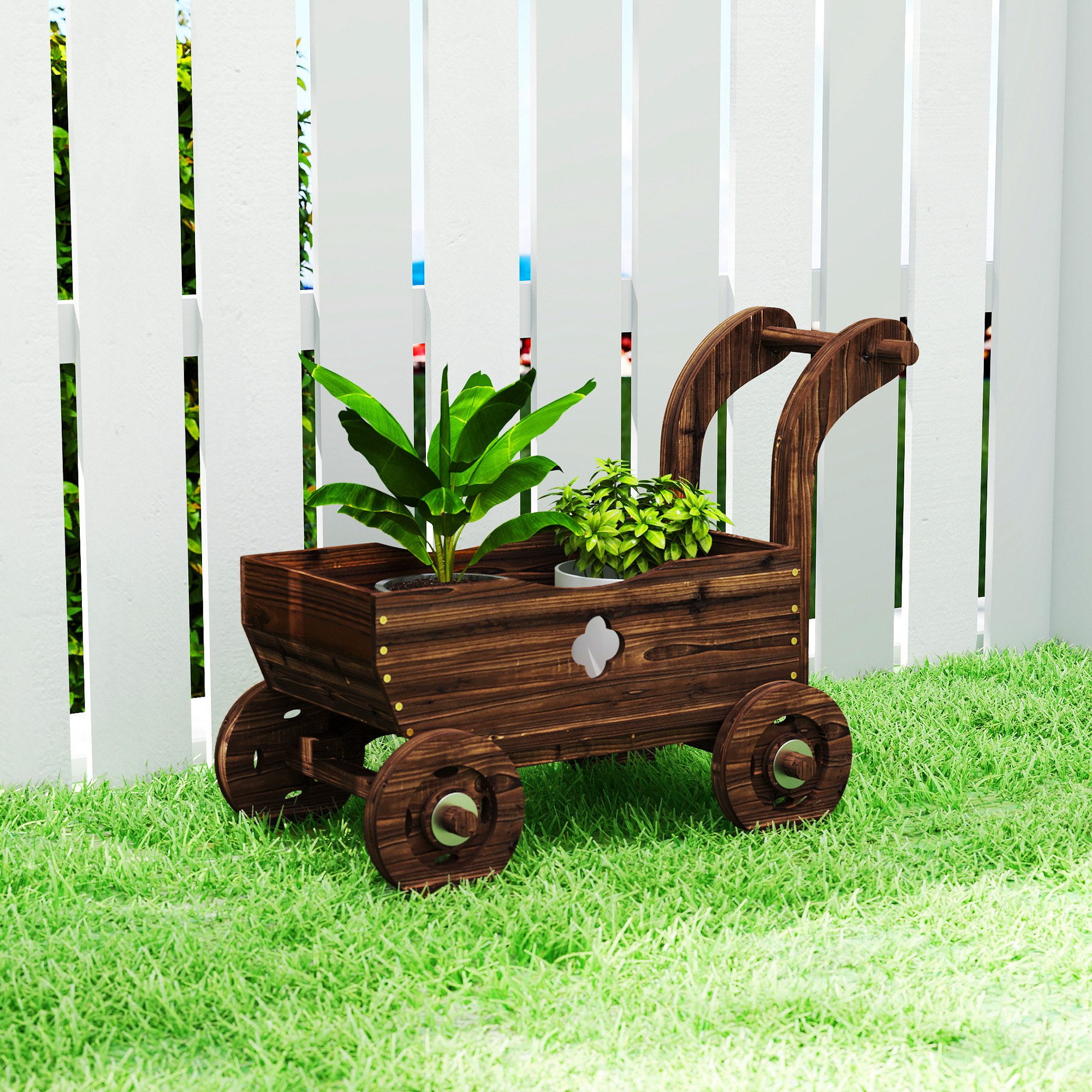 Outsunny Hochbeet Holz Gartenbeet mit 4 Rädern, Griff, Blumenkasten, Pflanzkasten (Frühbeet, 1 St., Pflanzbeet in Wagenform), 68 x 38 x 52cm, für Garten Balkon, Blumen, Pflanzen, Gemüse