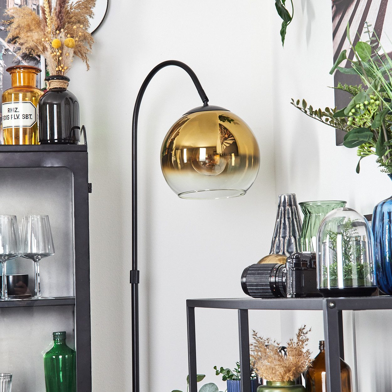 hofstein Bogenlampe Stehlampe aus Metall/Glas in Schwarz/Gold/Klar, ohne Leuchtmittel, moderne Retro Leuchte mit Glasschirmen (25 cm) u. Fußschalter, 1xE27