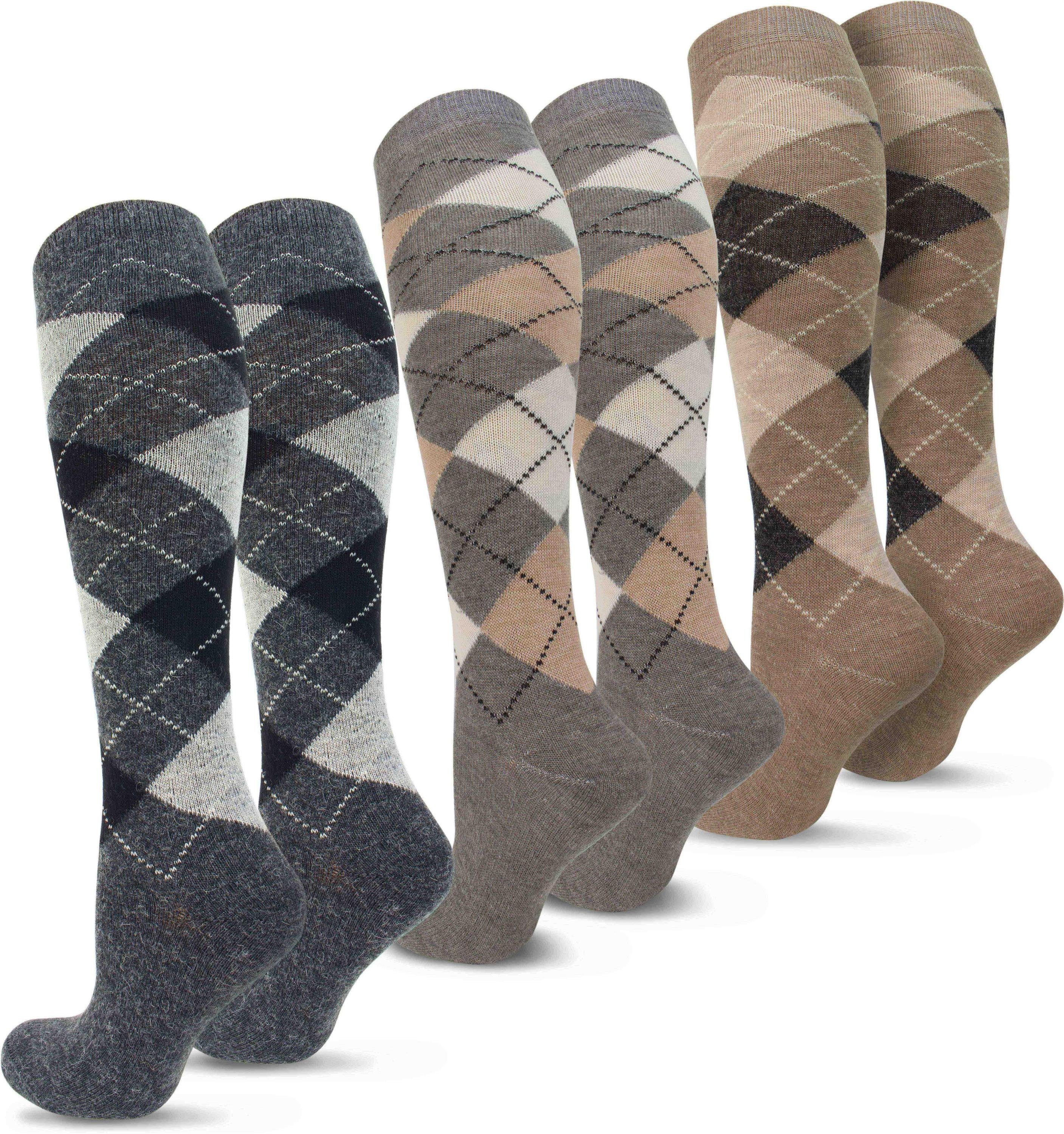 normani Kniestrümpfe 3 Paar Alpakakniestrümpfe Karo-Design (3 Paar) weicher günstig online kaufen