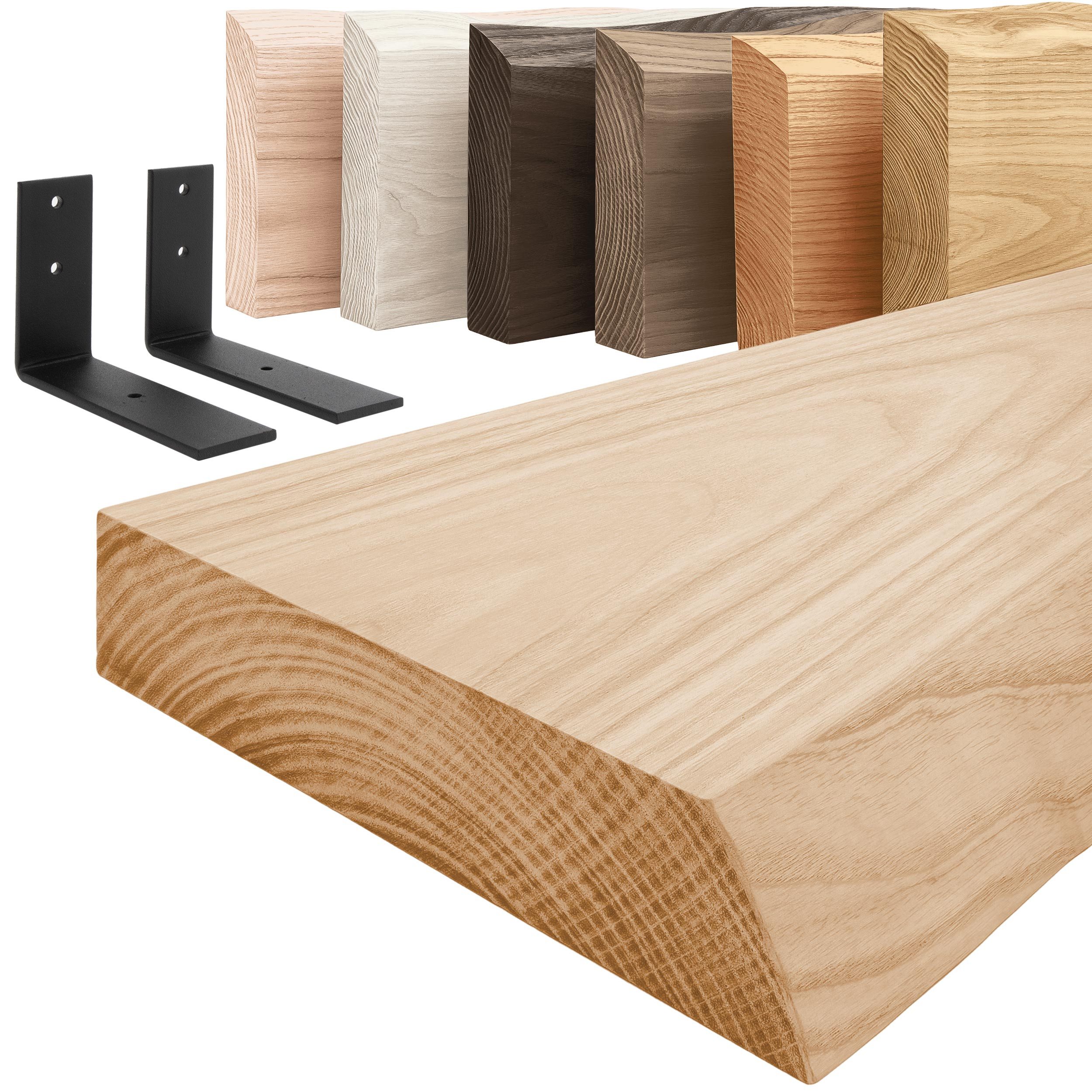 LAMO Manufaktur Wandregal Holz Baumkante Regal Farbe: Natur mit schwarzem Basic 40 cm, Komplett-Set, 40mm stake Massivholzplatte