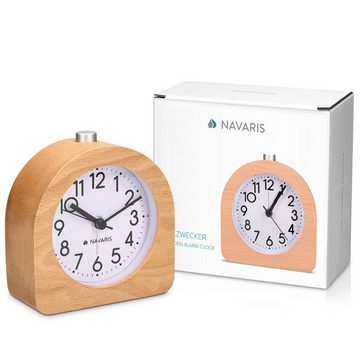 Navaris Wecker Analog Holz Wecker mit Snooze - Retro Uhr Halbrund mit Ziffernblatt Alarm Licht - Leise Tischuhr Ohne Ticken - Naturholz