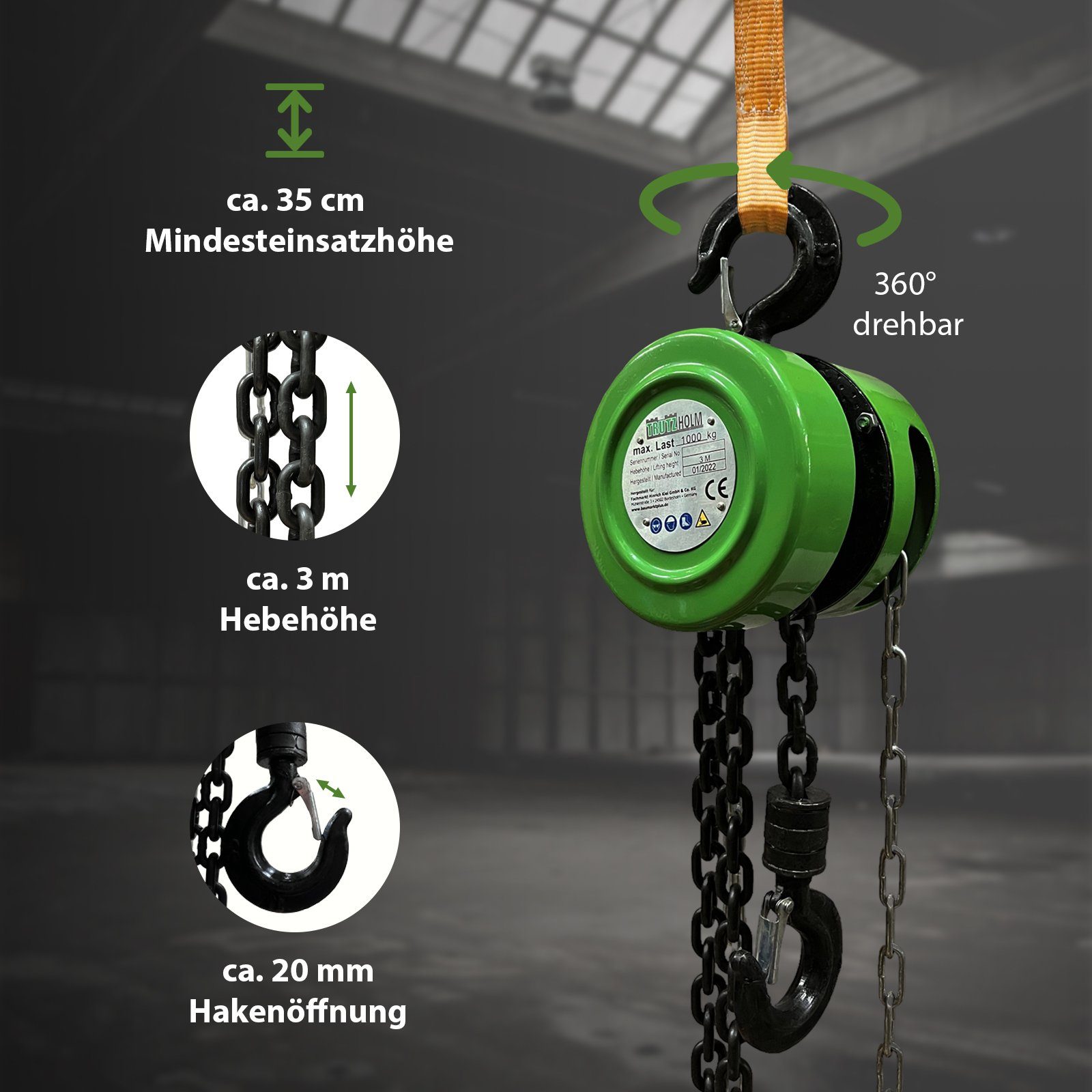 TRUTZHOLM Kettenzug rund 1t Tragkraft 3 m Hubhöhe HSZ Flaschenzug Hebezug Seilzug, (Produkt, 1 St), Blockiersystem,Einzelbremse
