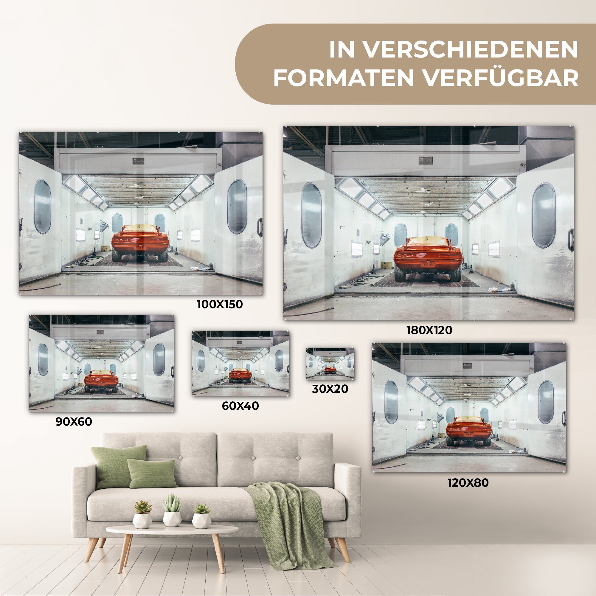 Auto Wohnzimmer - Rot, Schlafzimmer - Acrylglasbilder MuchoWow St), (1 Autowaschanlage & Acrylglasbild