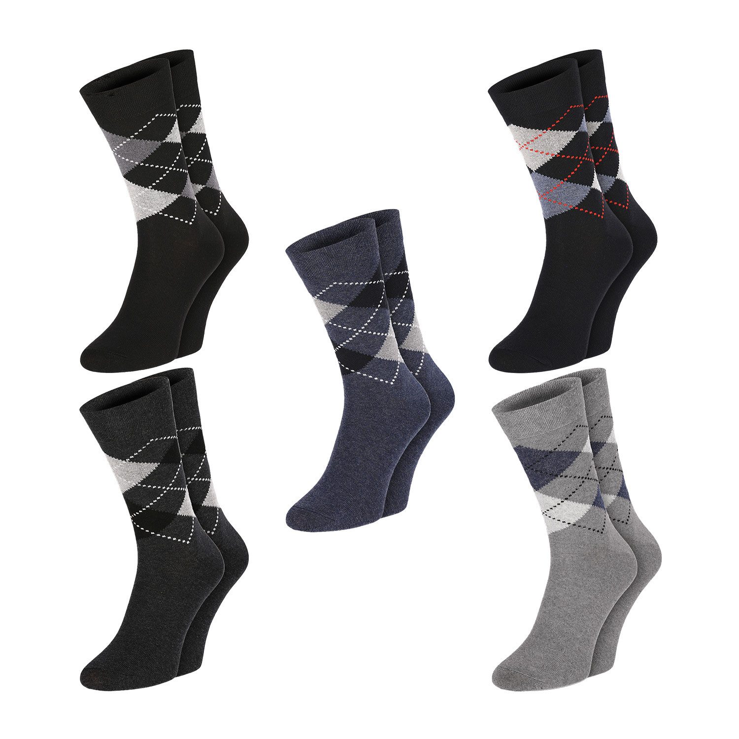 Chili Lifestyle Basicsocken KARO Baumwollsocken Damen Herren Langsocken schwarz grau blau (Multipack, 5-Paar, 5 Farbdesigns) Weichbund ohne Gummidruck