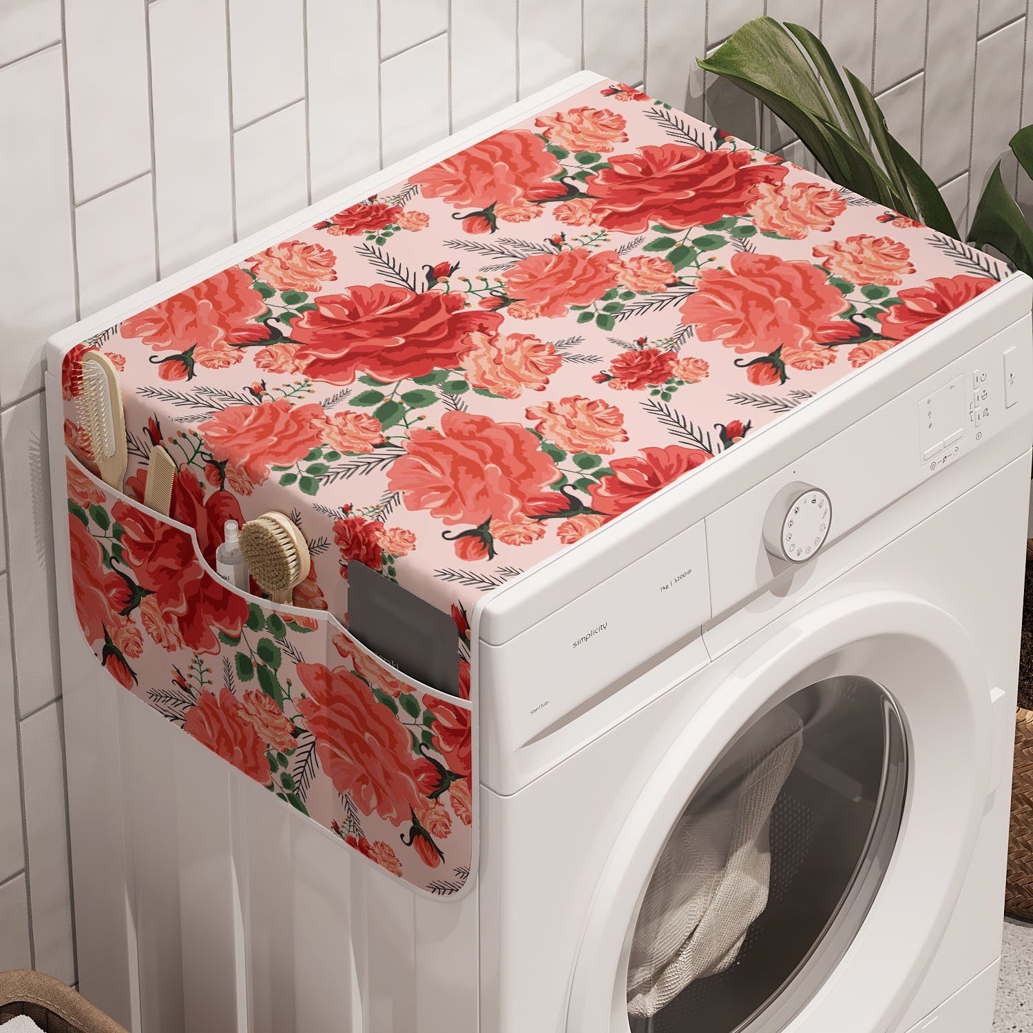Abakuhaus Badorganizer Anti-Rutsch-Stoffabdeckung für Waschmaschine und Trockner, Blumen Romantische Rose Reisig Zeichnung