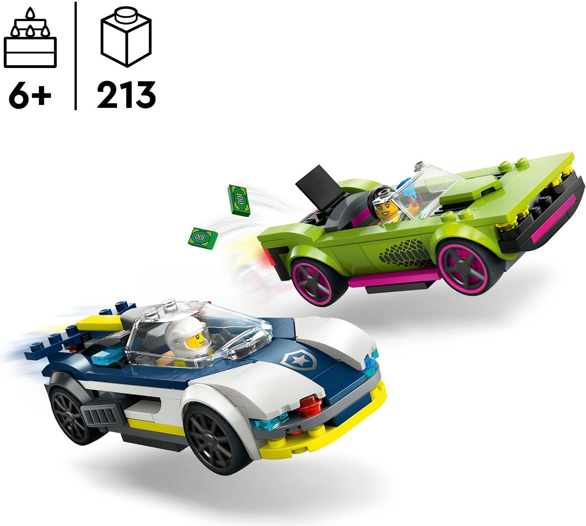 LEGO® Verfolgungsjagd mit Polizeiauto und Muscle Car (60415), LEGO City Konstruktionsspielsteine, (213 St), Made in Europe