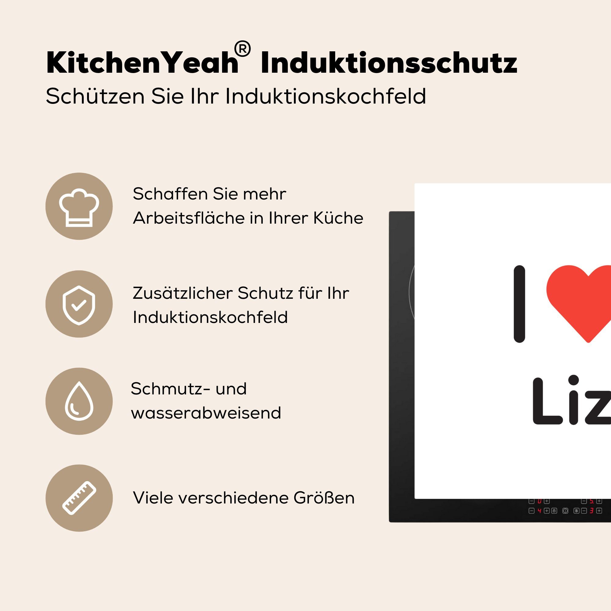 liebe Liz küche Ich für 78x78 cm, (1 MuchoWow Arbeitsplatte Vinyl, - Ceranfeldabdeckung, - tlg), Mädchen, Herdblende-/Abdeckplatte
