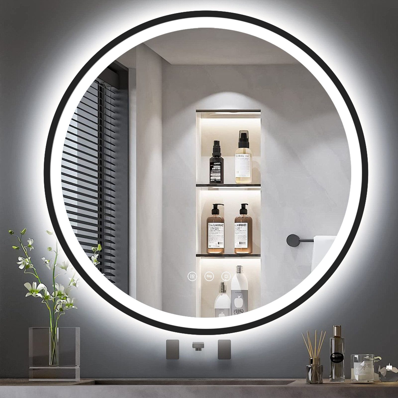 GIMBELEN Badspiegel LED-Badezimmer-Spiegel, dimmbar (1-St), Runder LED-Badezimmerspiegel 70cm, Touch, 3 Lichtfarben, antibeschlag