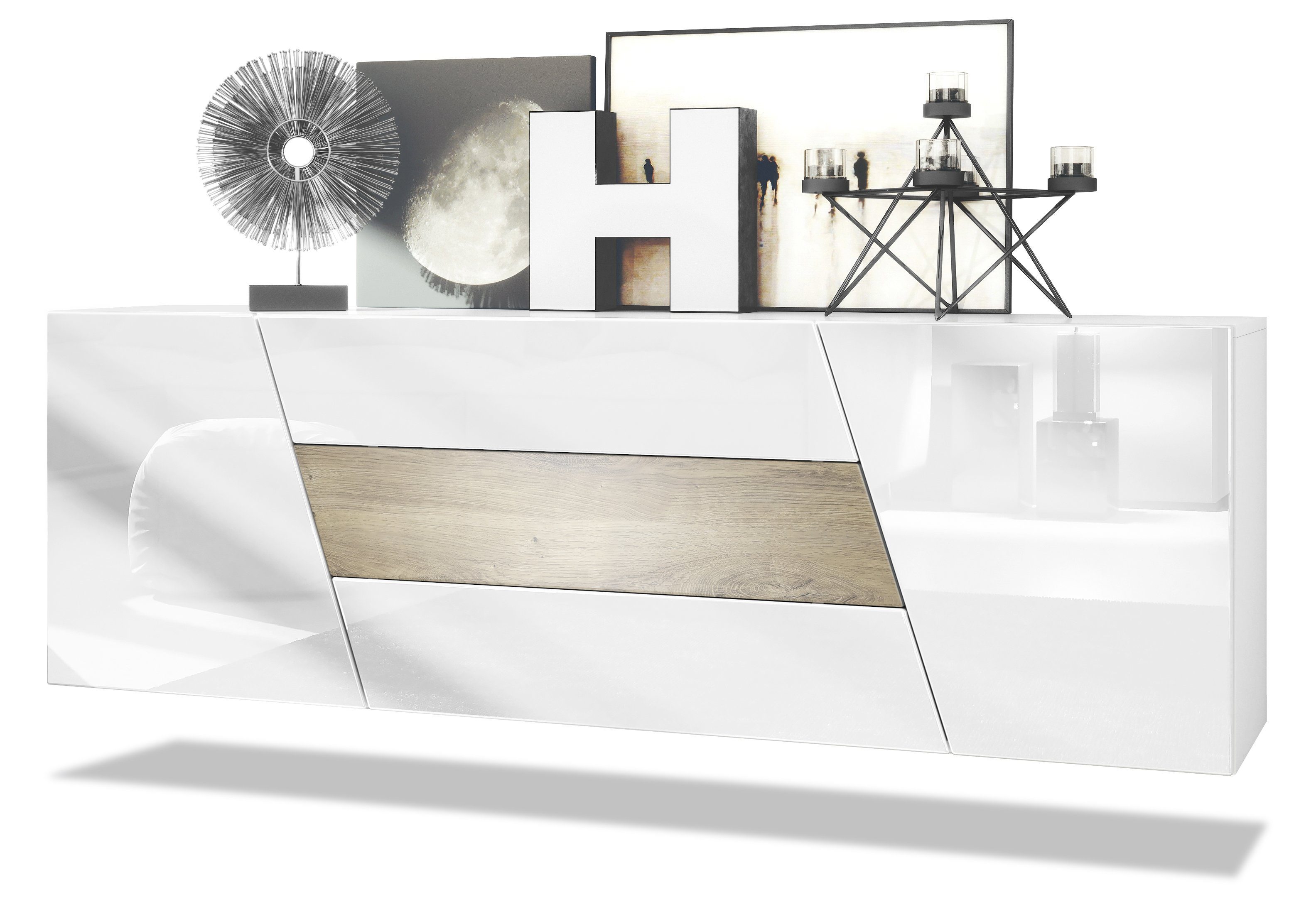 Vladon Sideboard Houston (hängende Kommode, mit 2 Türen und 3 Schubladen), Weiß matt/Weiß Hochglanz/Eiche Ribbeck (178 x 57,5 x 38,5 cm)