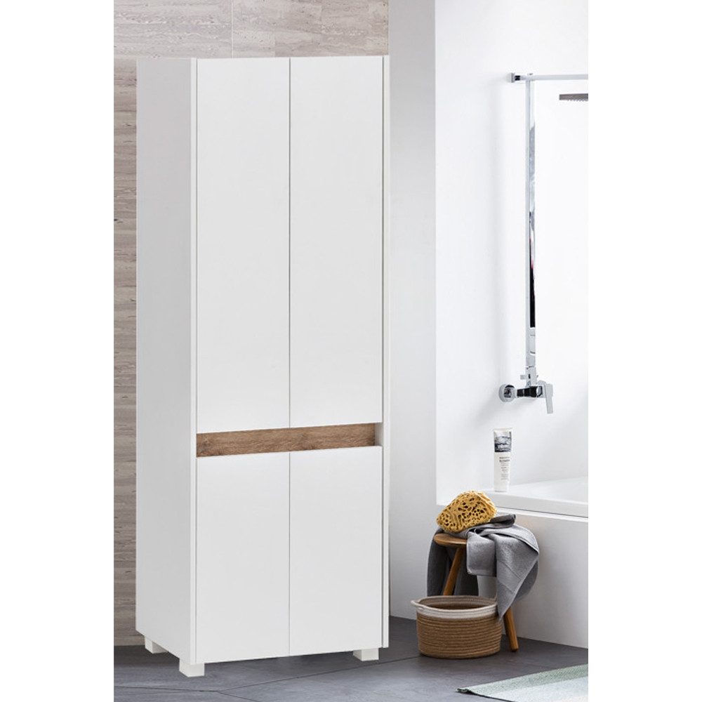 Lomadox Hochschrank Corato Weiß mit Blende in Absetzung Wildeiche Nb. 56,9/164,5/33 cm