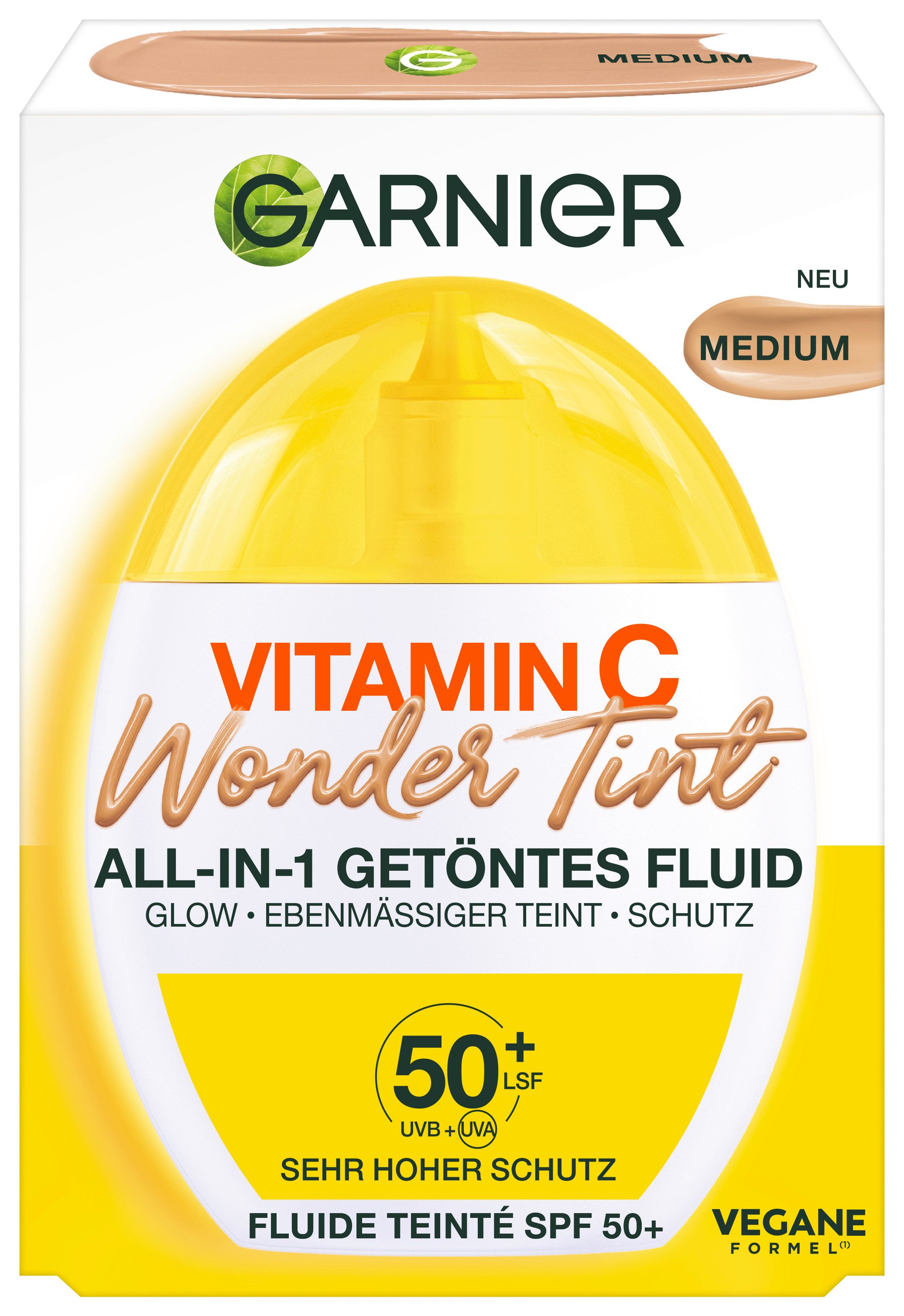 GARNIER Getönte Gesichtscreme Garnier Vitamin C Wonder Tint All-In-1 Getöntes Fluid, mit LSF 50+, Fluid-Textur, nicht fettende und nicht klebende Formel