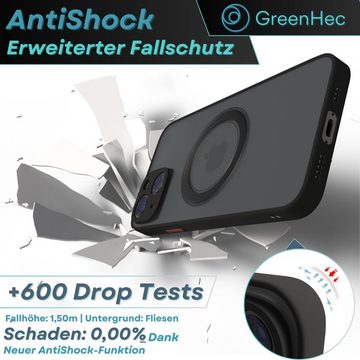 GreenHec Handyhülle MagSafe iPhone Hülle Frosted Schwarz Magnet Case Schutzhülle PowerGrip, Kameraschutz, OmniShield, AntiShock