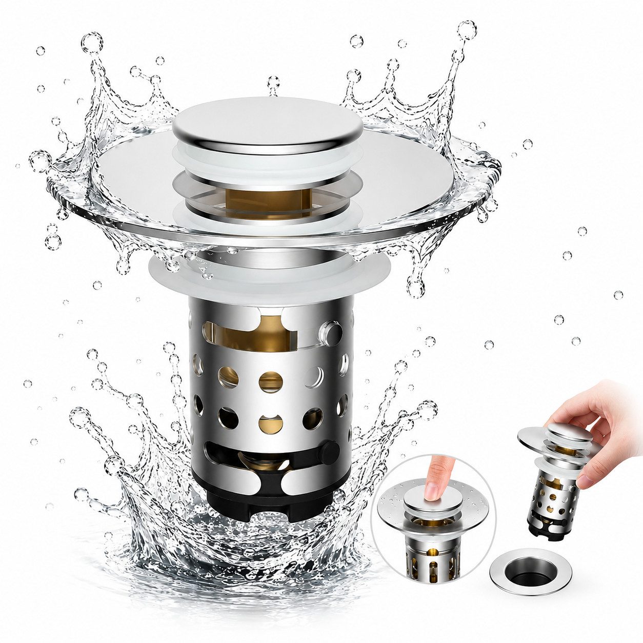 Luckice Waschbeckenstöpsel mit Abflusssieb, aus 304 Edelstahl 100% wasserdicht, (Universeller Pop Up Abflussstopfen mit Haarsieb, schnell ablaufend, für Bad, Küche, Dusche & Badewanne)