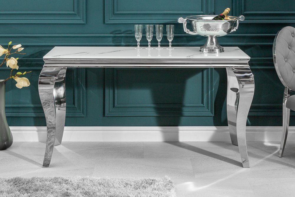 riess-ambiente Konsolentisch MODERN BAROCK 145cm grau / weiß, Glastisch · Marmor-Optik · Edelstahl-Beine – Bild 3 von 5