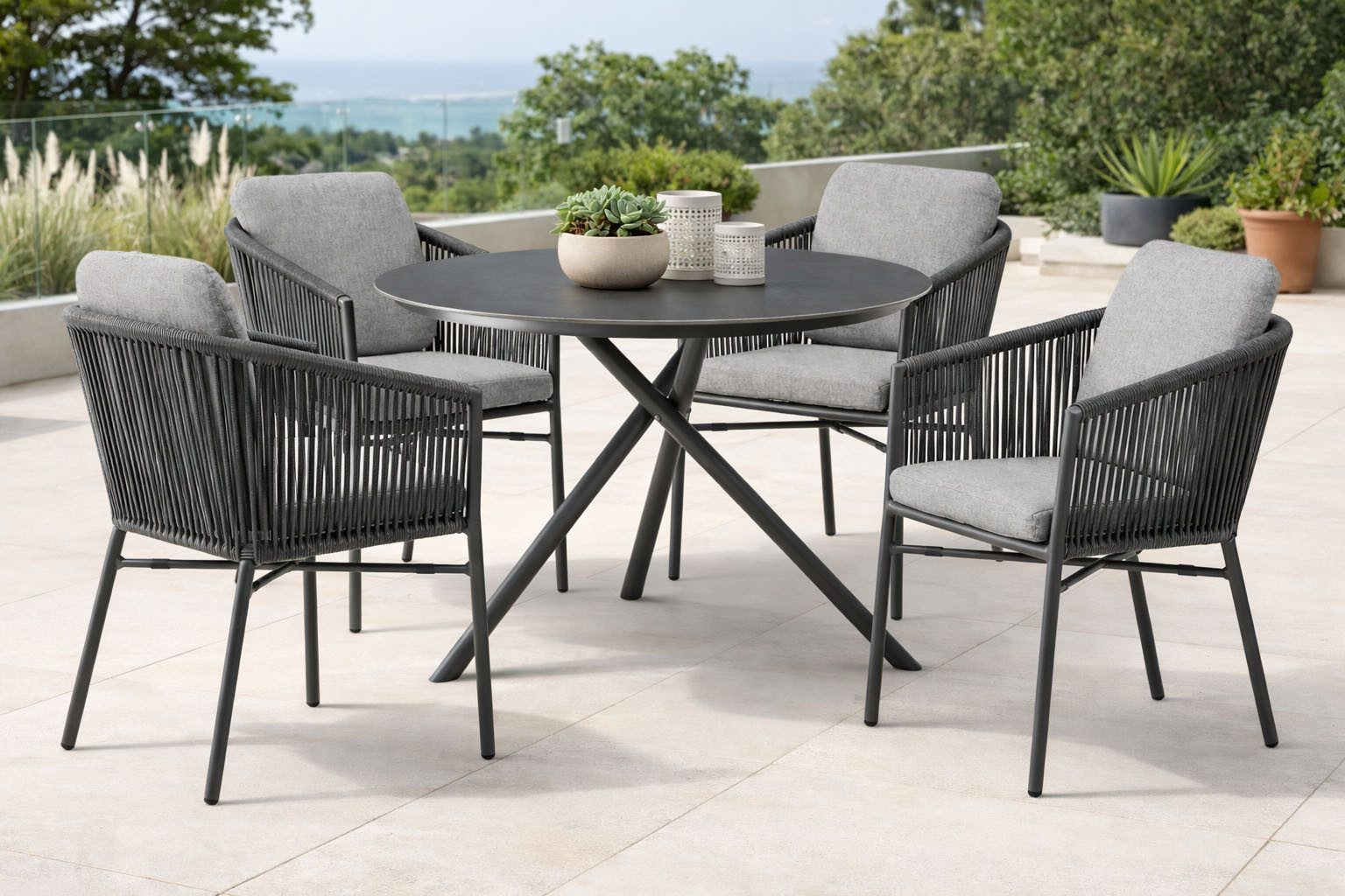 Destiny Garten-Essgruppe LUCCA BARLETTA, (10-tlg., 4x Sessel, 1x Tisch, inkl. Auflagen), Aluminium, HPL, Olefin-Rope