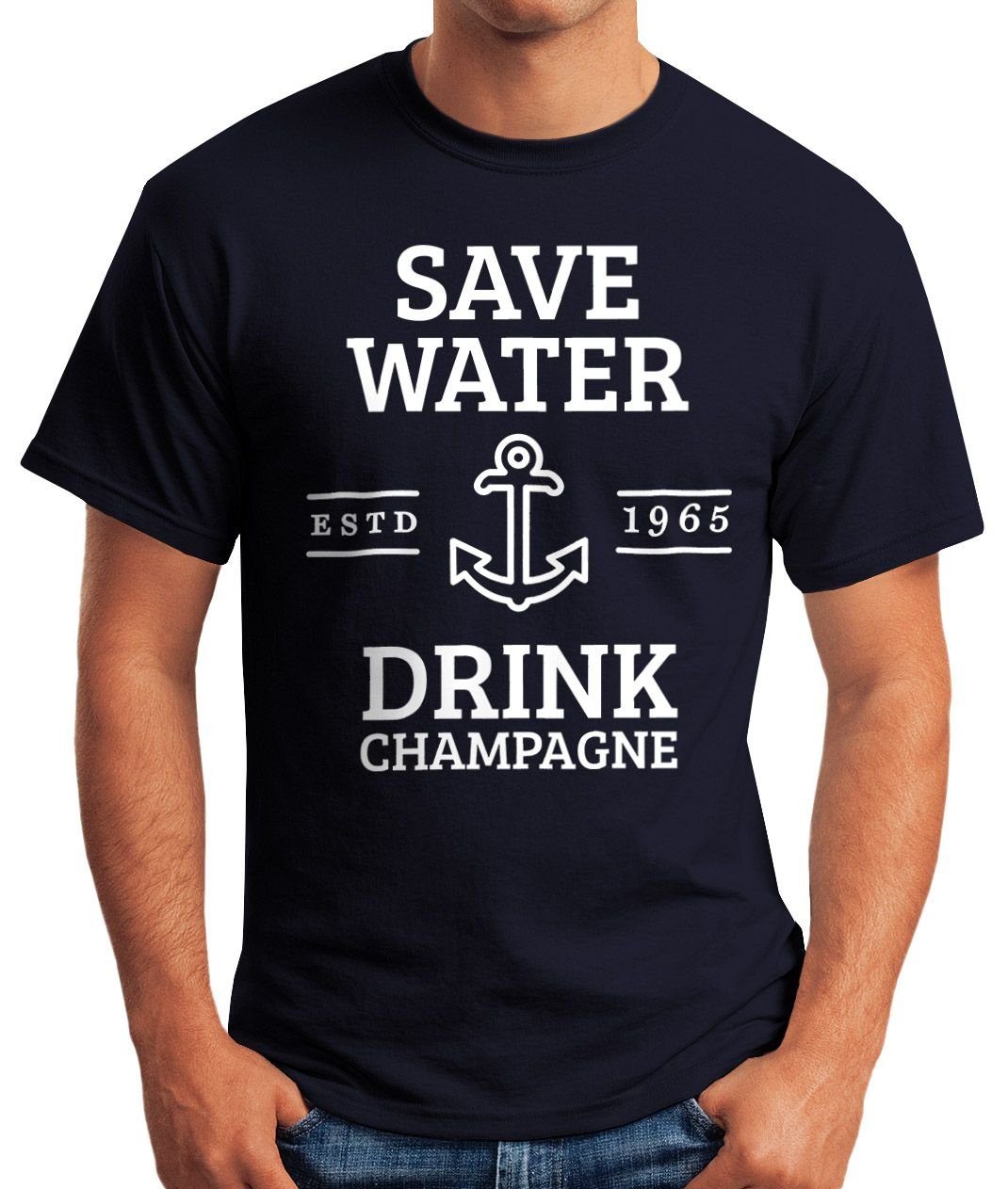 drink T-Shirt MoonWorks water Fun-Shirt navy mit Print Herren Champagne Print-Shirt Save Moonworks®