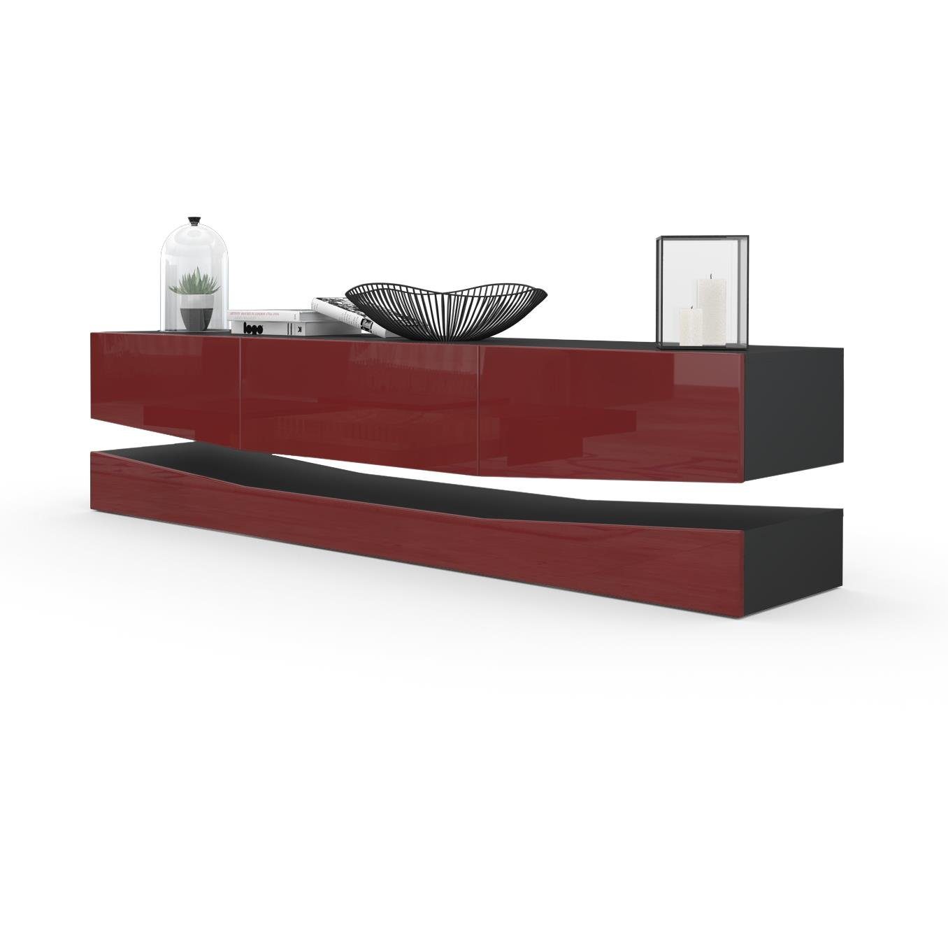 Vladon Lowboard City (TV-Kommode mit Sockelelement, 1 offenem Fach und 3 Schubkästen), Schwarz matt/Bordeaux Hochglanz (178 x variabel x 39 cm)
