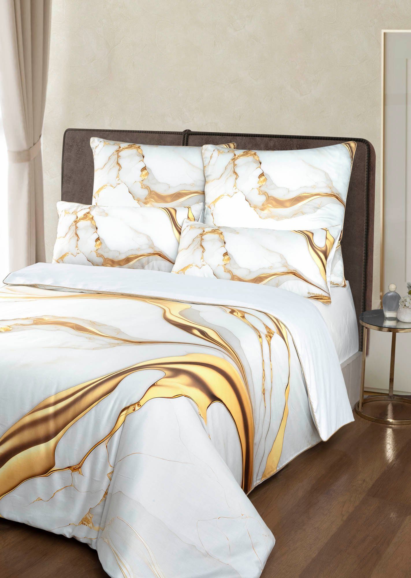 Bettwäsche Marble White-Gold, Aymando, 100% Baumwolle Mako Satin, 2 teilig,  Saum und Reißverschluss goldfarben, Geschenkverpackung | Bettwäsche-Sets