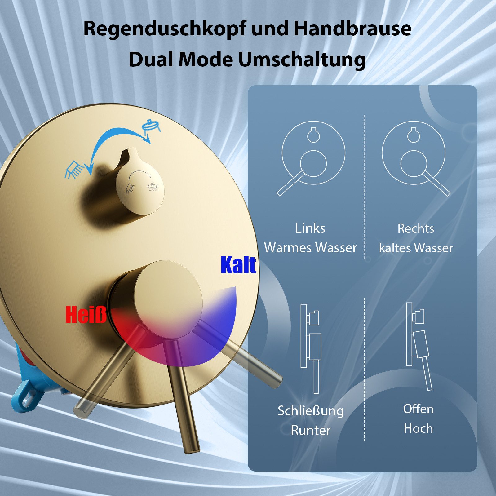 Oihpaw Duschsystem Dusch-Set Unterputz mit Regendusche & Brause, gebürstet Gold, 1 tlg., 30x30 cm Regendusche, 360° verstellbar + Anti-Kalk, Unterputz-Set