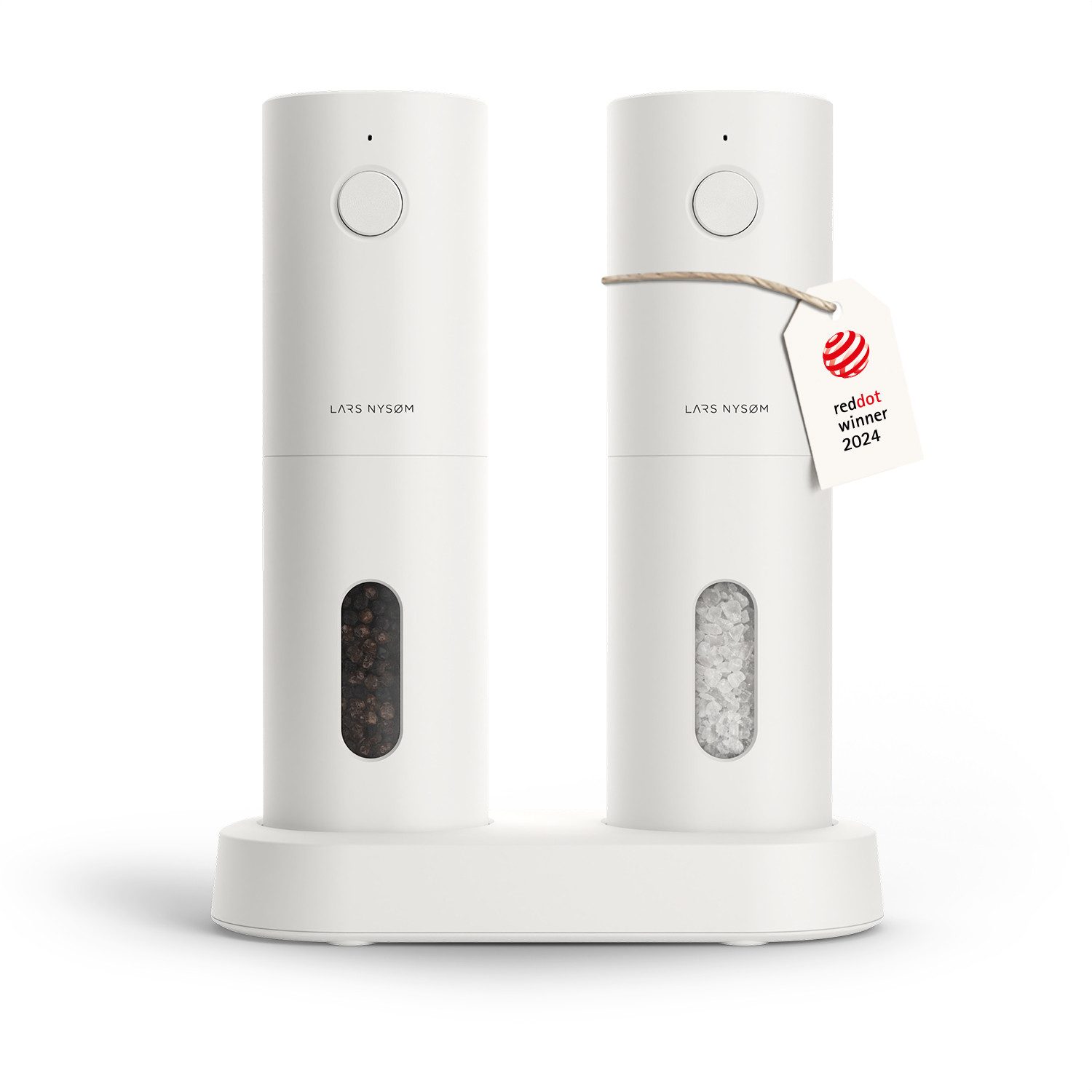 LARS NYSØM Gewürzmühle Spænding praktische Einhandbedienung per Drucktaste, (2 Stück), elektrische Salz- & Pfeffermühle mit eingebautem LED-Licht
