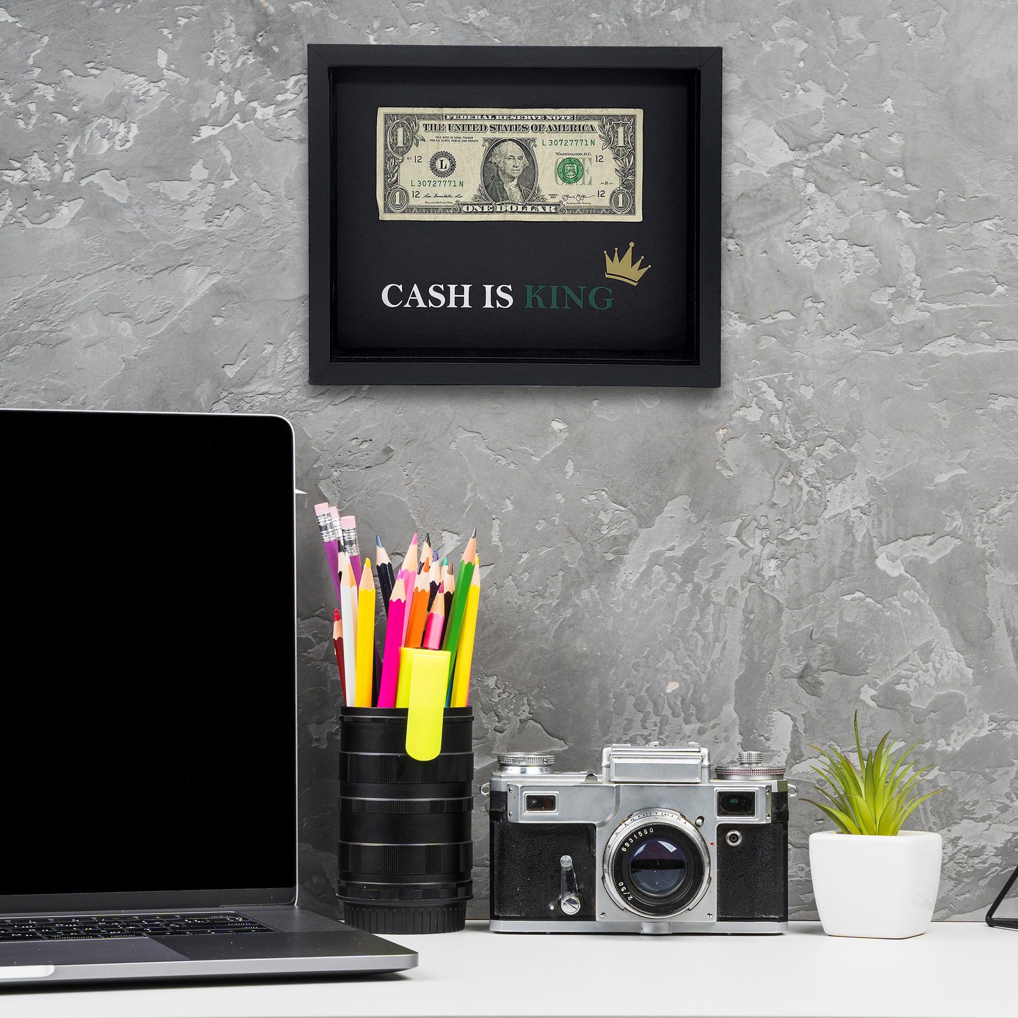Easy 3D Deko, und Dollar Wanddekoobjekt echtem Bilderrahmen Schreibtisch mit line® Alu-Schwarz Büro Dollar