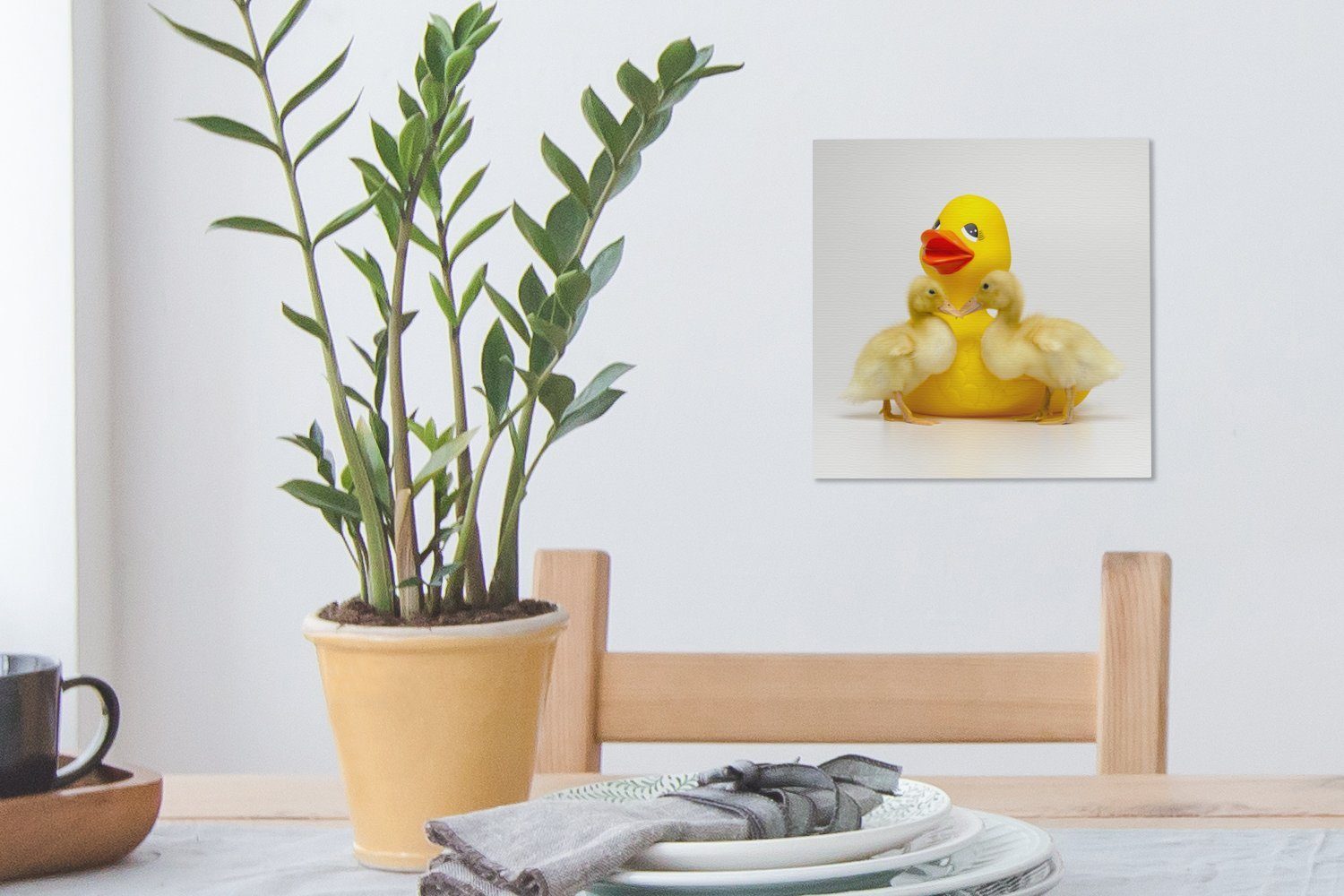OneMillionCanvasses® Leinwandbild Bade-Ente mit St), Wohnzimmer Leinwand zwei Schlafzimmer Baby-Enten Bilder (1 Hintergrund, für auf weißem