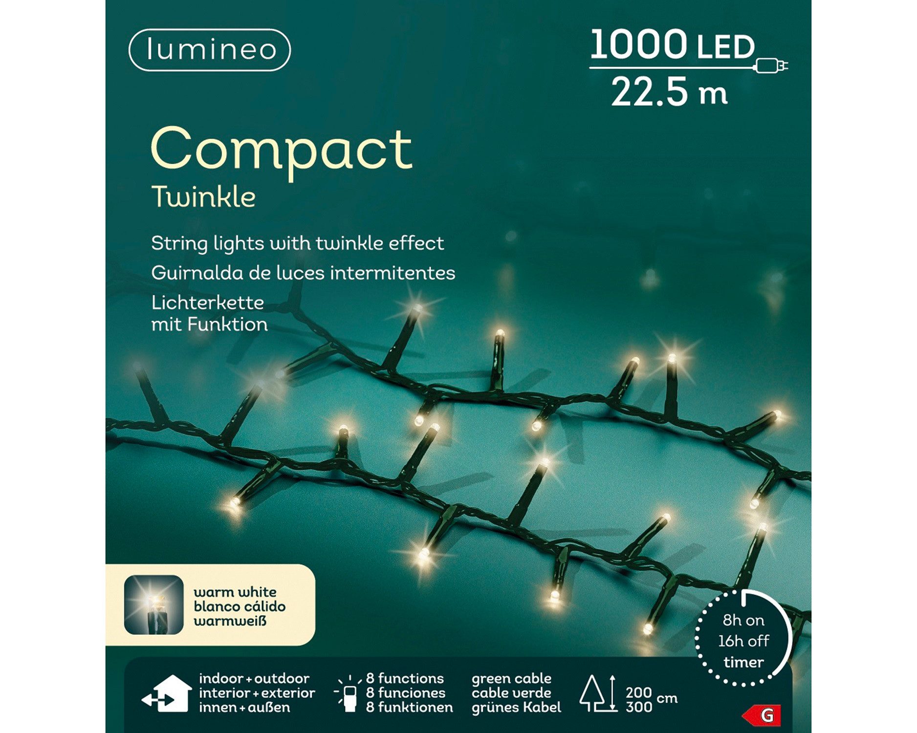 Lumineo LED-Lichterkette Lumineo Lichterkette COMPACT TWINKLE 1000 LED 22,5 m warm weiß, grün, Indoor/Outdoor, 8 Funktionen, 8h-Timer, + 5 Meter