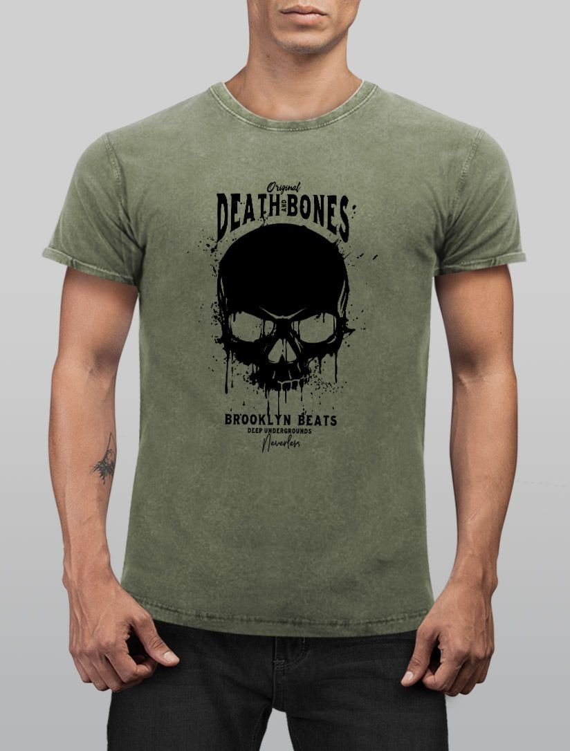 Printshirt Look Fit and Bones Outfit Vintage T-Shirt Death Herren Slim Print Print-Shirt Skull Club mit oliv Neverless® Neverless Used Totenkopf Shirt